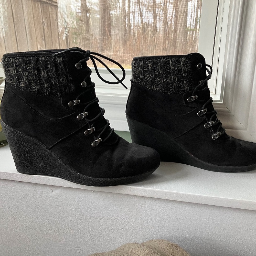 Ladies Black Suede Booties, Size 7.5